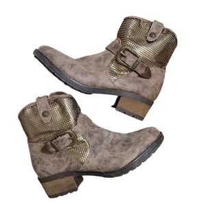 Dolce by Mojo Moxy Brown Western Ankle Boots Brown And Gold Booties Sz 8.5